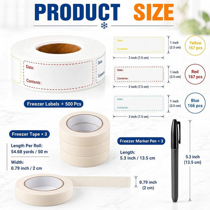 Resurhang Freezer Label Kit for Food Storage Includes 500 Pcs Waterproof Removable Food Labels 3/4 Inch x 55 Yd, 3 Rolls Masking Tape, 3 Marker Pens for Kitchens Refrigerator Meal Prep(White)