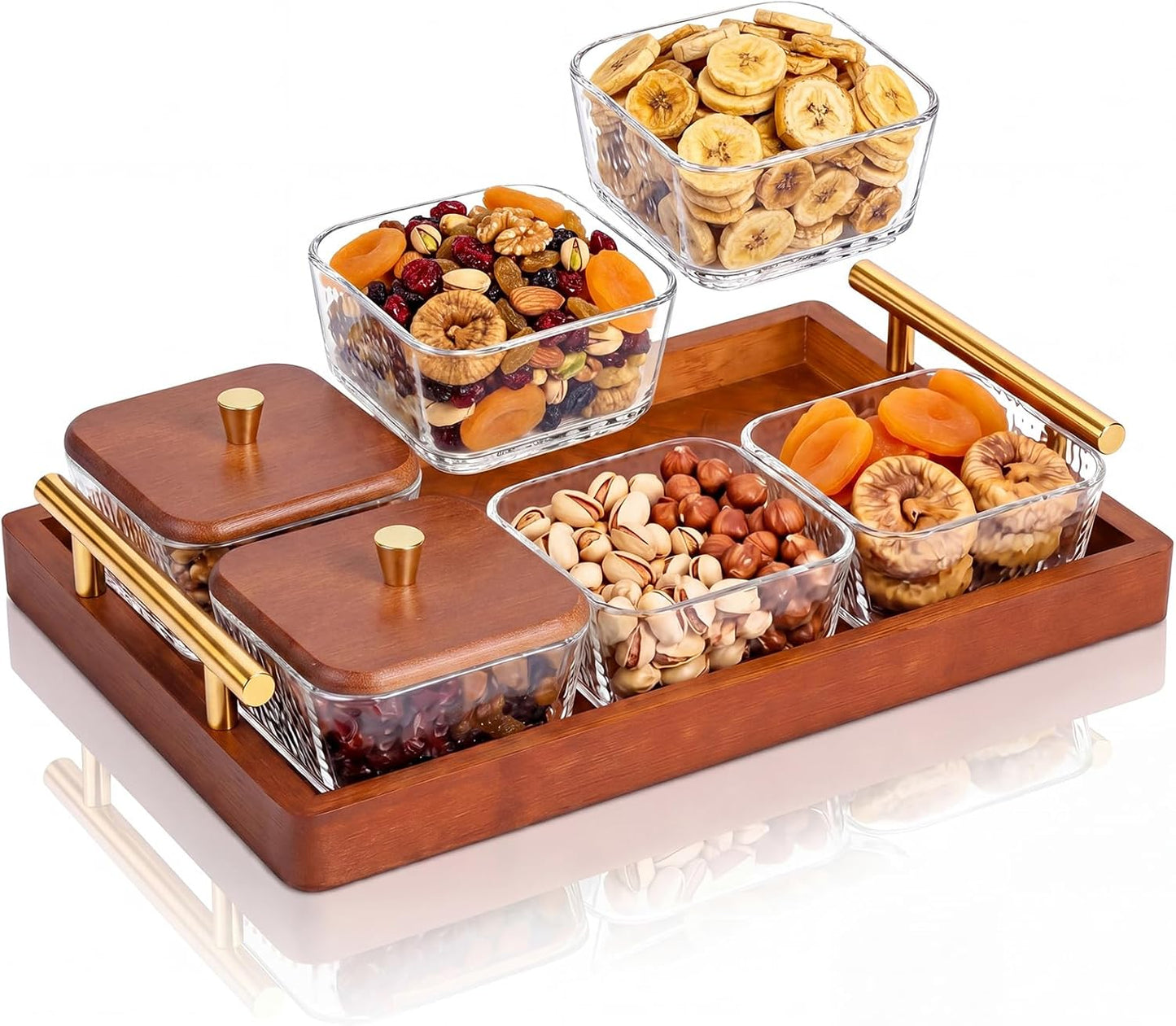 Domensi 6 Glass Snackle Box with Wood Tray and Lids Dry Fruit Container Jars Divided Serving Snack Tray with Gold Handles, Snackle Box Container Platter for Candy, Condiments Home Entertaining