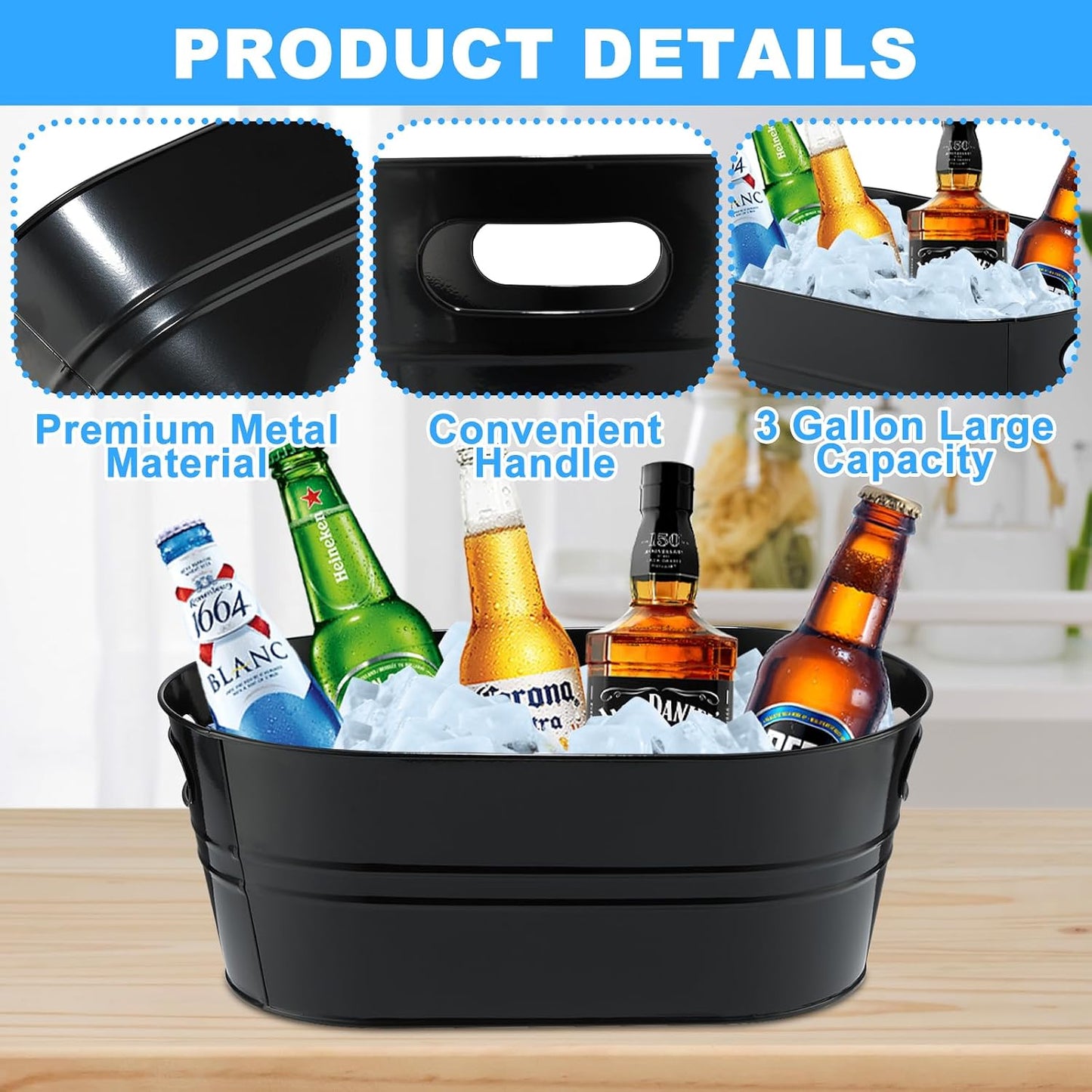 4Pcs 3 Gallon Black Galvanized Bucket Ice Bucket Large Metal Drink Buckets for Parties Beer Beverage Tub with Scoops for Champagne Cocktails Wine Cooling for Mimosa Bar Supplies