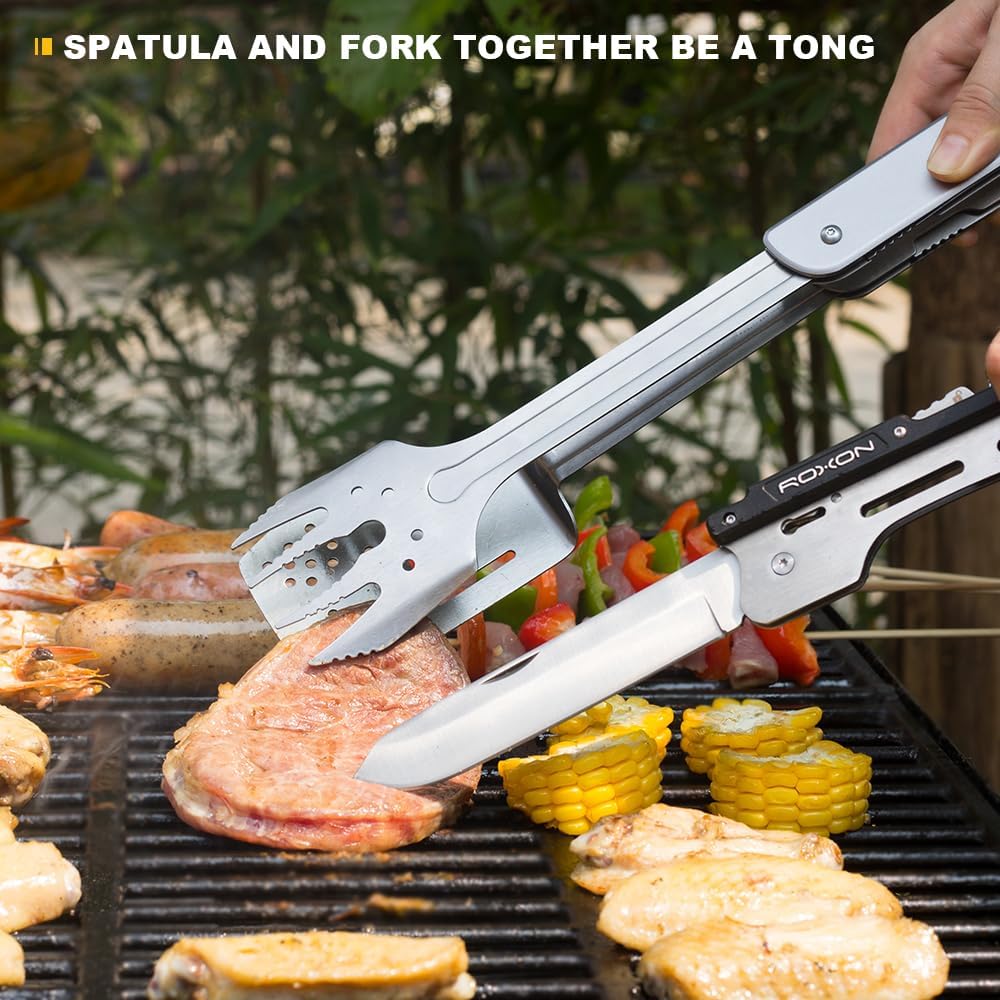 ROXON 6-in-1 Folding Grill Utensils Set, 14" BBQ Tools for Camping S601