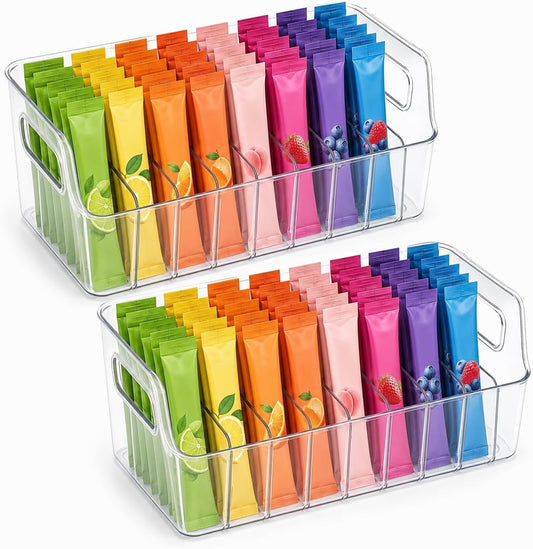 Drink Packet Organizer, 2 PCS Acrylic Water Packet Organizer for Water Flavor Drink Mix, 8 Compartment Sugar Packet Holder with Removable Divider, Pantry Storage Bin for Kitchen Organization