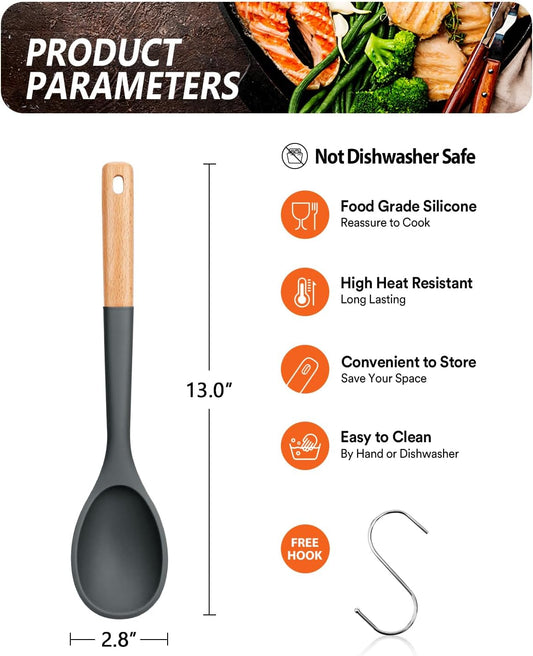 Badiano Large Silicone Cooking Spoons, Nonstick Solid Wooden Handle,13.2in