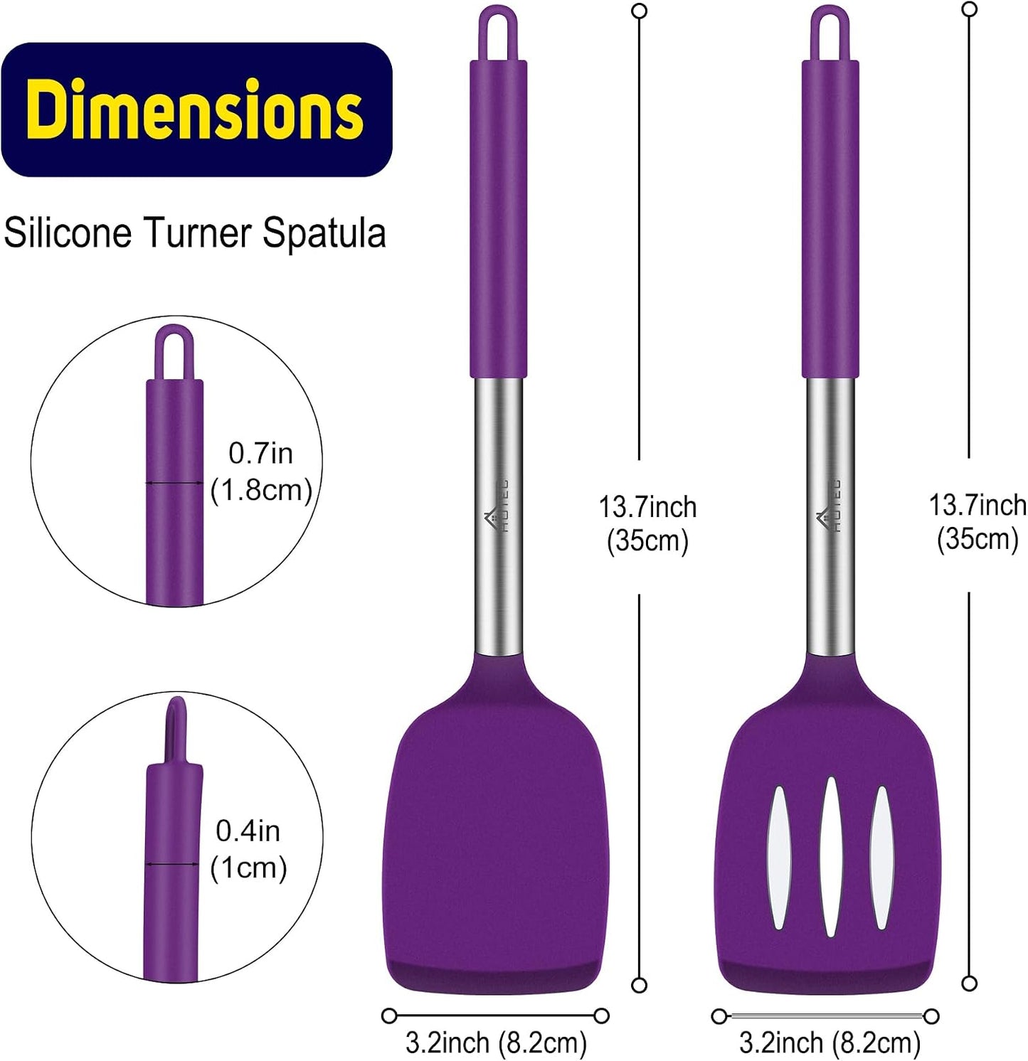 HOTEC Silicone Spatula Set of 2 Heat-Resistant 600°F & BPA-Free Kitchen SaptulaTurner with Stainless Steel Handles, Slotted & Solid Spatulas for Nonstick Cookware, 13.7 Inch, Classic Blue