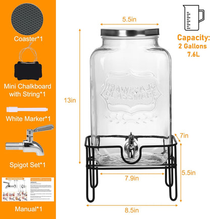 Bululuo Glass Drinks Dispenser for Parties, 2 Gallon Beverage Dispenser with Stand for Juice and Iced Tea, Water Jug Dispenser for Lemonade, Party Essential Beverage Pitcher with Spout
