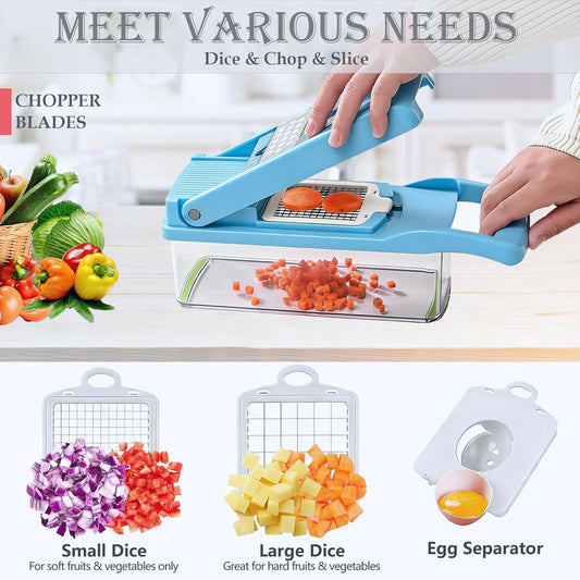 Vegetable Chopper Dicer with Container | Cheese Grater Mandoline Slicer Cabbage Shredder French Fry Cutter Stainless Steel for Veggie Onion Potato Fruit Food, Manual Hand Cooking Gadget for Kitchen