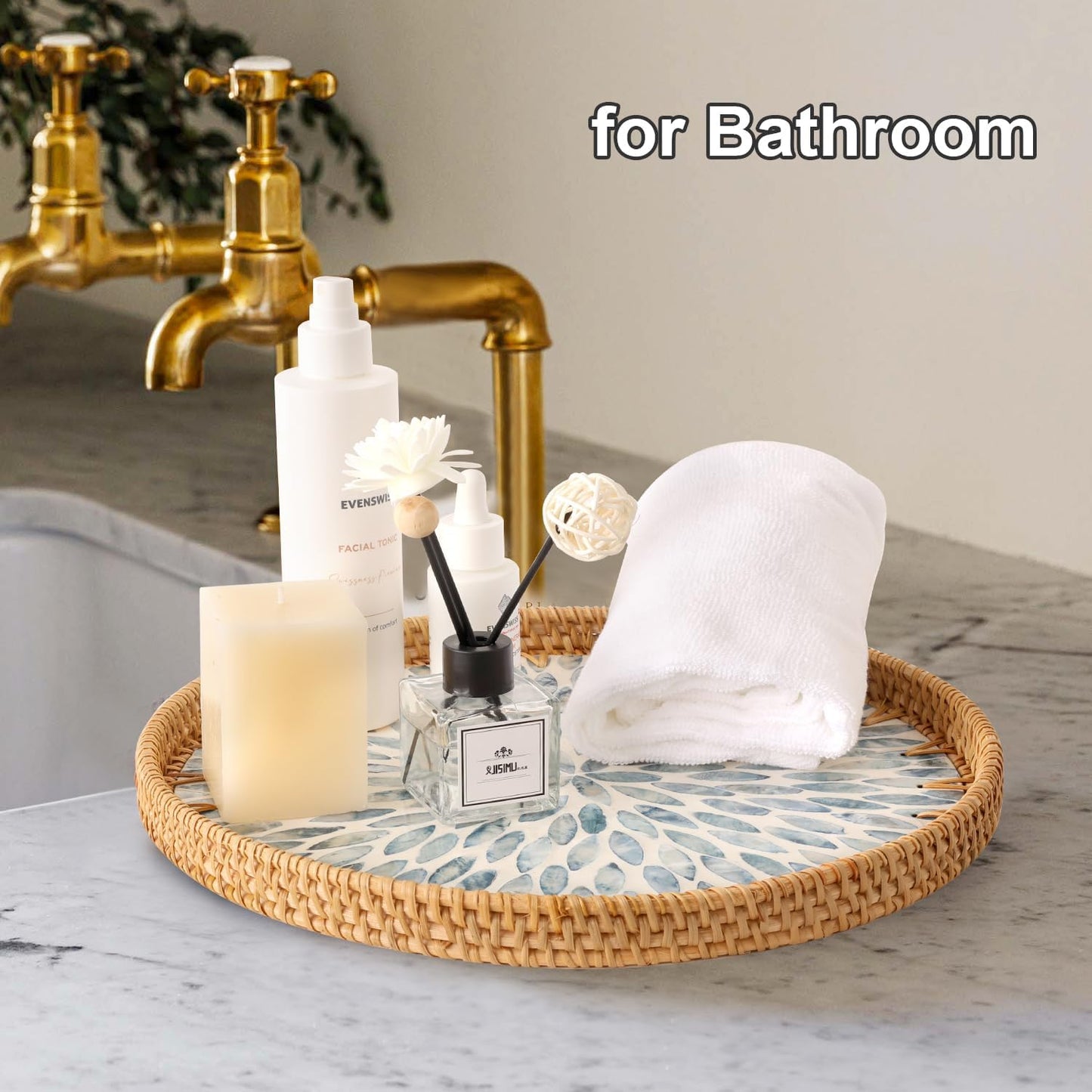 Round Rattan Tray with Mother of Pearl Inlay, Rattan Serving Tray for Coffee, Bread, Fruits, Decorative Wicker Tray for Table Decor, Home Decor, Kitchen Island Decor(Black Checkerboard, 11.8")