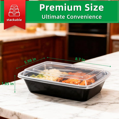 Meal Prep Containers 2 Compartment 15 Pack, 28 oz Divided Reusable Food Storage Containers with Lids Takeout Food Storage Containers Black, Microwave Dishwasher Freezer Safe, Stackable, BPA Free