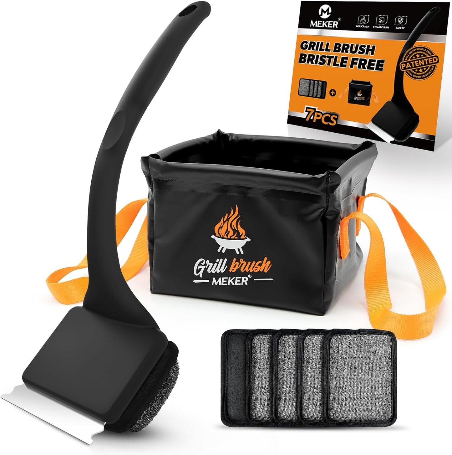 MEKER Grill Brush Bristle Free with Collapsible Bucket, 7 Pcs Grill Cleaner Brush with Durable Foldable Water Tank for Grill Cleaning, Portable Outdoor Grill Bucket, Dunk Tank, Black