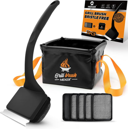 MEKER Grill Brush Bristle Free with Collapsible Bucket, 7 Pcs Grill Cleaner Brush with Durable Foldable Water Tank for Grill Cleaning, Portable Outdoor Grill Bucket, Dunk Tank, Black
