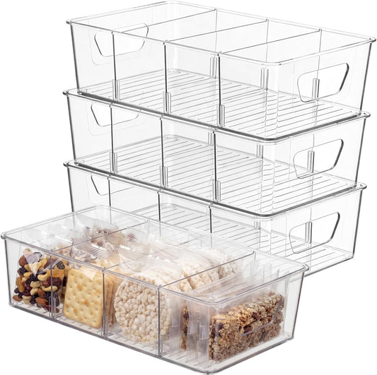 8 Pcs Pantry Organizers Bins, Clear Plastic Stackable Snack Storage Containers with 3 Dividers for Kitchen Cabinet Fridge Shelf Organization, 4 Compartment Holder