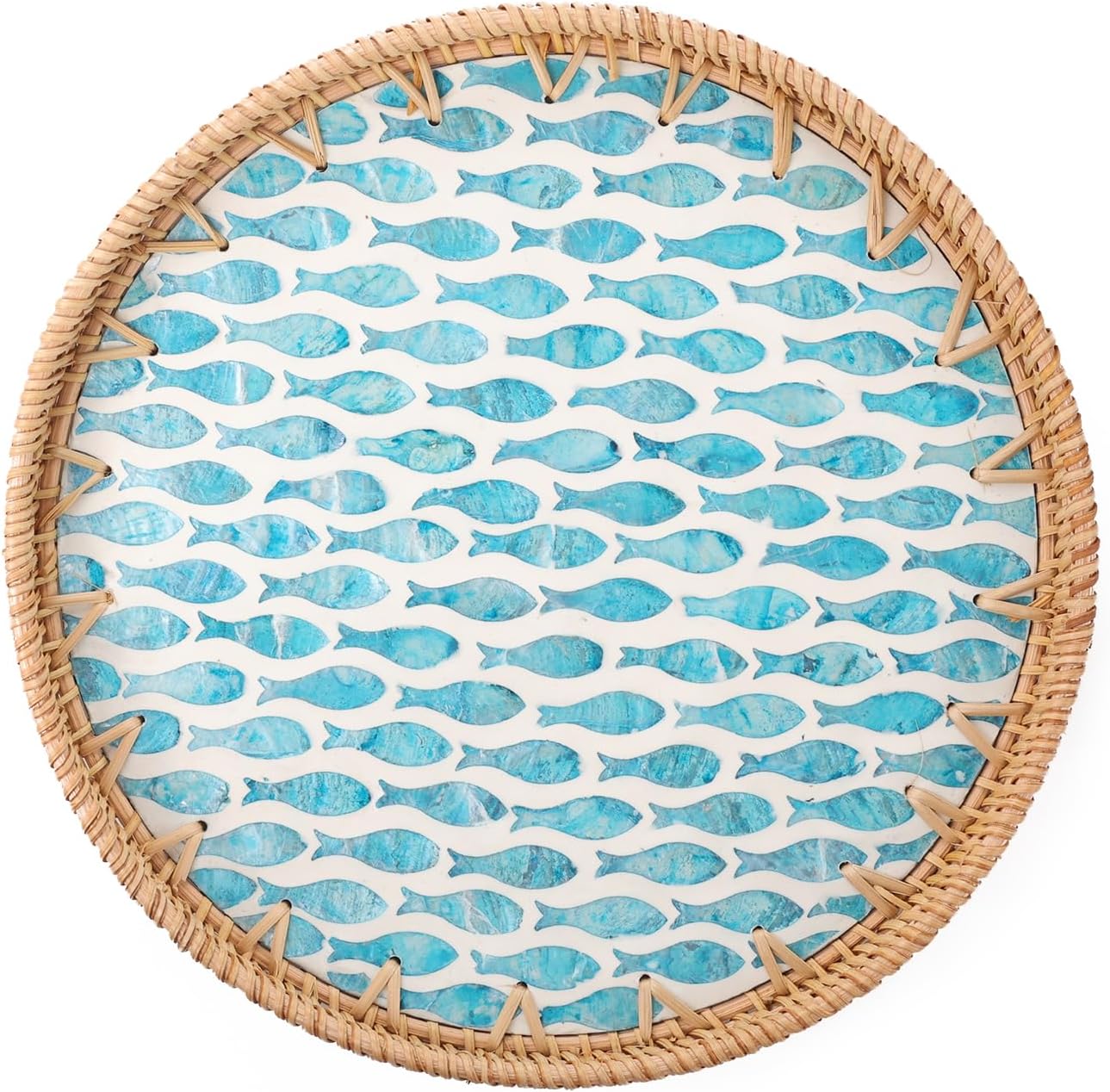 Round Rattan Tray with Mother of Pearl Inlay, Rattan Serving Tray for Coffee, Bread, Fruits, Decorative Wicker Tray for Table Decor, Home Decor, Kitchen Island Decor(Black Checkerboard, 11.8")