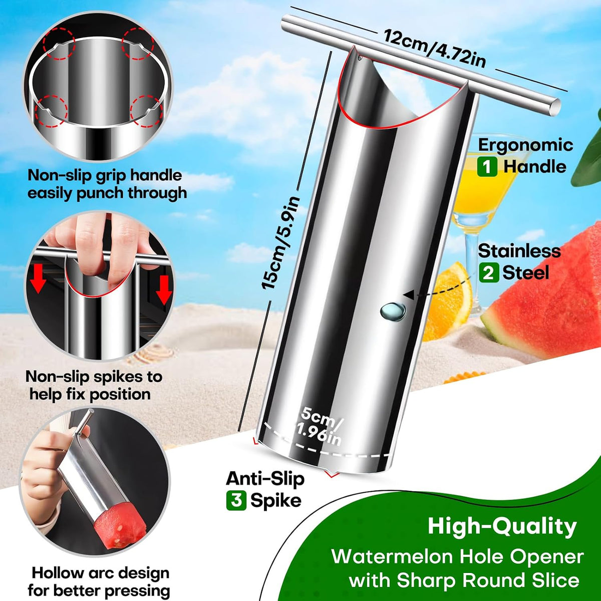 Stainless Steel Watermelon Puncher Cutter, Round Melon Opener Juicing Tool