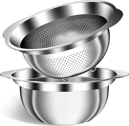 Stainless Steel Strainer with Mixing Bowl, Rice Washer, Colander for Kitchen, Rice Strainer, Fruit and Vegetable Wash, Microporous Colander, Fruit Cleaner Bowl, Dishwasher Safe