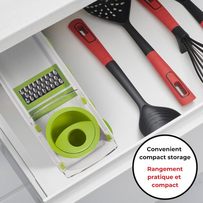 Starfrit Easy Mandoline Slicer, Dicer - 5-Blades - Straight & Crinkle Blades, Julienne, Grater & Shredder - Self-Feeding Pusher - Catch Base for Storage and Food Container