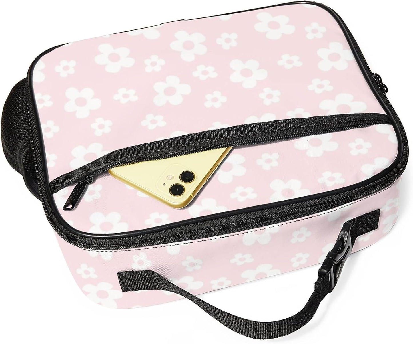 Large Lunch Box for Girls Insulated Lunch Bag with Water Bottle Holder Front Zipper Pocket Leakproof Waterproof Reusable Lunch Tote Bag for Work Picnic Camping Back to School (pink floral)