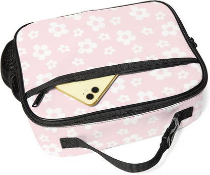 Large Lunch Box for Girls Insulated Lunch Bag with Water Bottle Holder Front Zipper Pocket Leakproof Waterproof Reusable Lunch Tote Bag for Work Picnic Camping Back to School (pink floral)