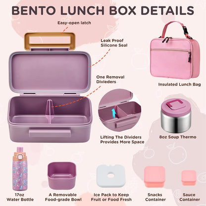 MAISON HUIS Bento Box for Kids with 8oz Soup Thermo, Insulated Lunch Bag & 17oz Water Bottle, 2-Compartment Bento Box with Built-In Ice Pack, Leak-Proof & BPA-Free