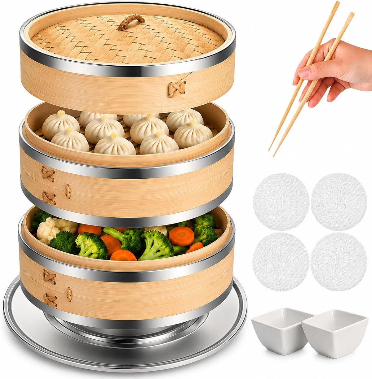 Bamboo Steamer Basket | 2 Tier 10-Inch steaming basket for Dim Sum, Bao Buns, Momos, Rice & Vegetables | Dumpling Steamer, Complete Kit: 4 Reusable Liners, 2 Sauce Dish, 2 Chopsticks, Ring Adapter | Natural Bamboo dumpling steaming basket Kit