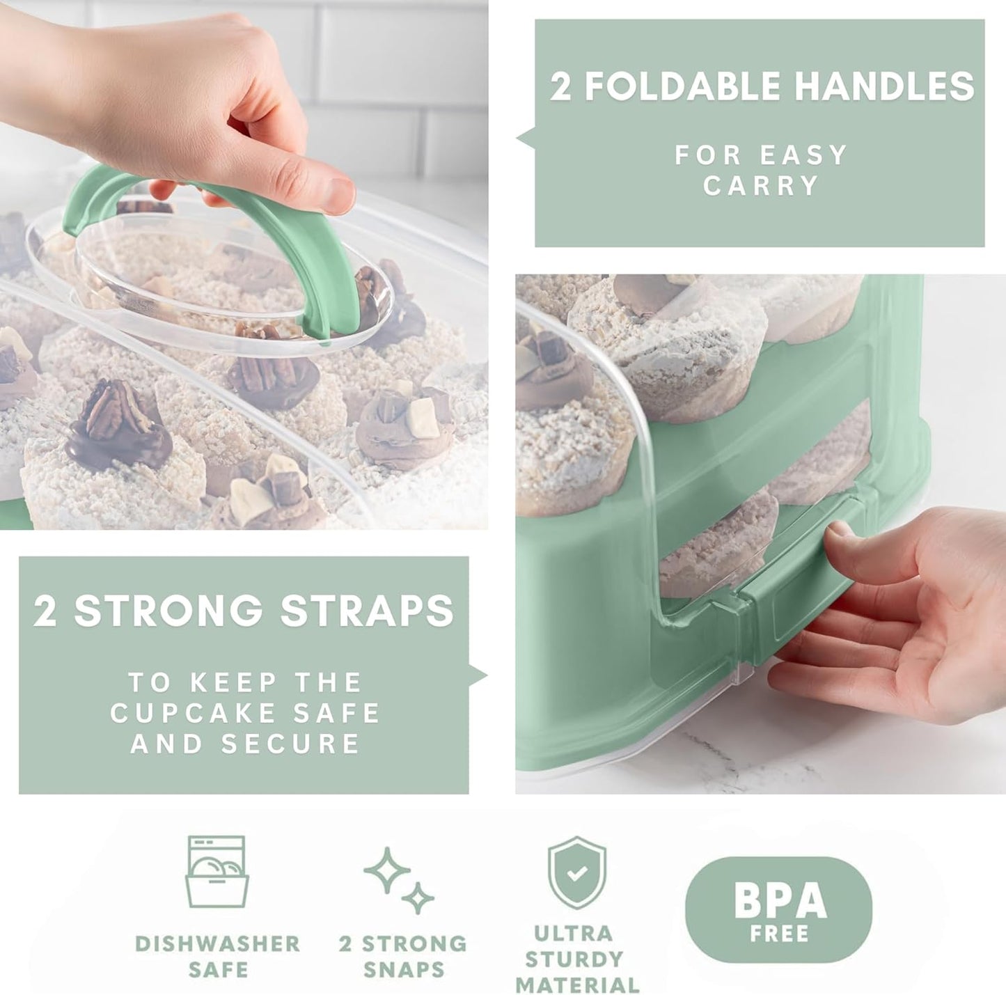EXTRA TALL DOME 24 Cupcake Carrier, Green Cupcake Holder Carries 24 Cupcake Storage Container, Muffin Traveler Two Tier Stand Reusable Cupcake Box