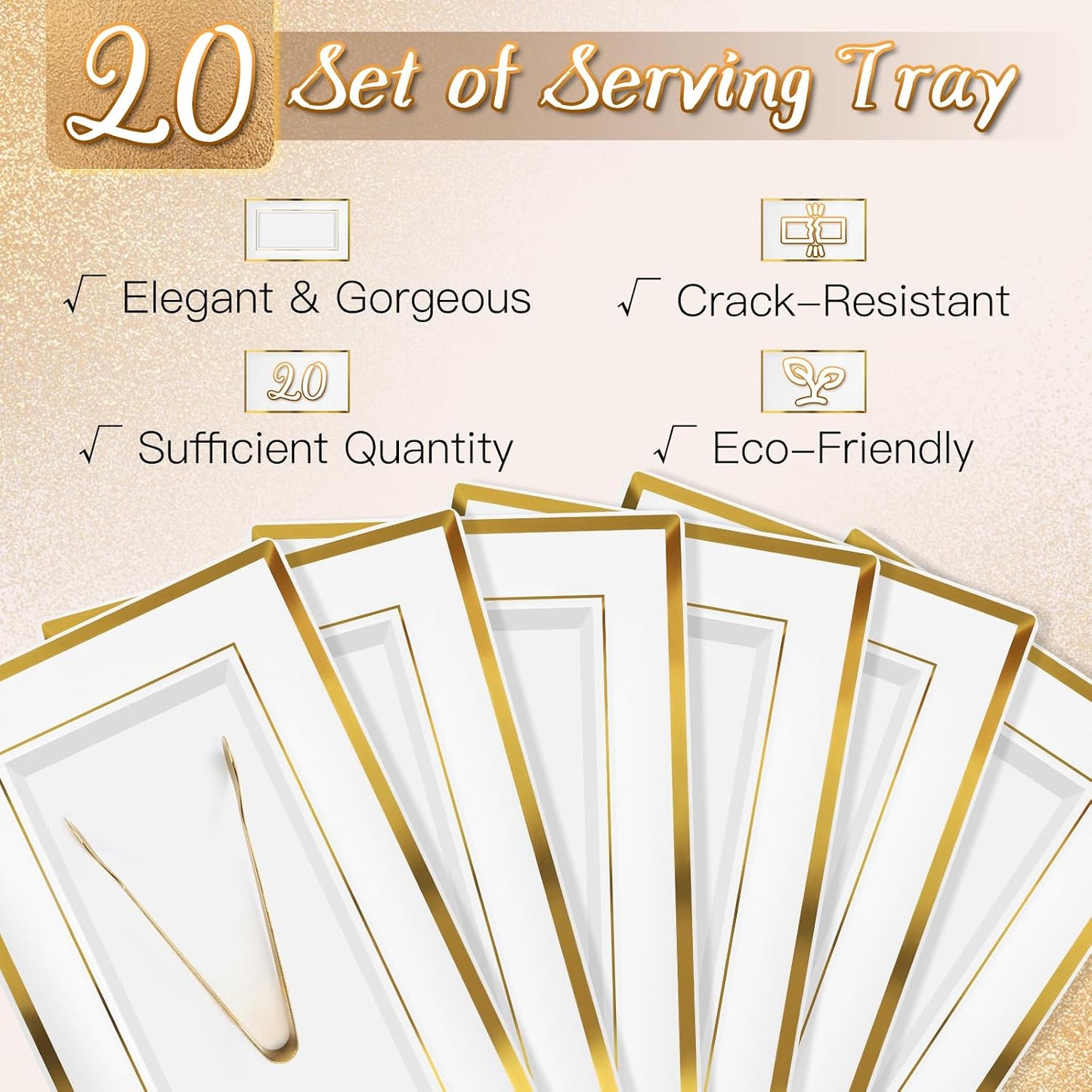 20 Sets Plastic Serving Tray,White & Gold Rim Food Trays with Stainless Serve Tongs,Versatile Serving Trays for Party, Serving Platter for Party, Food, Fruit, Dessert, Tea Party, Wedding