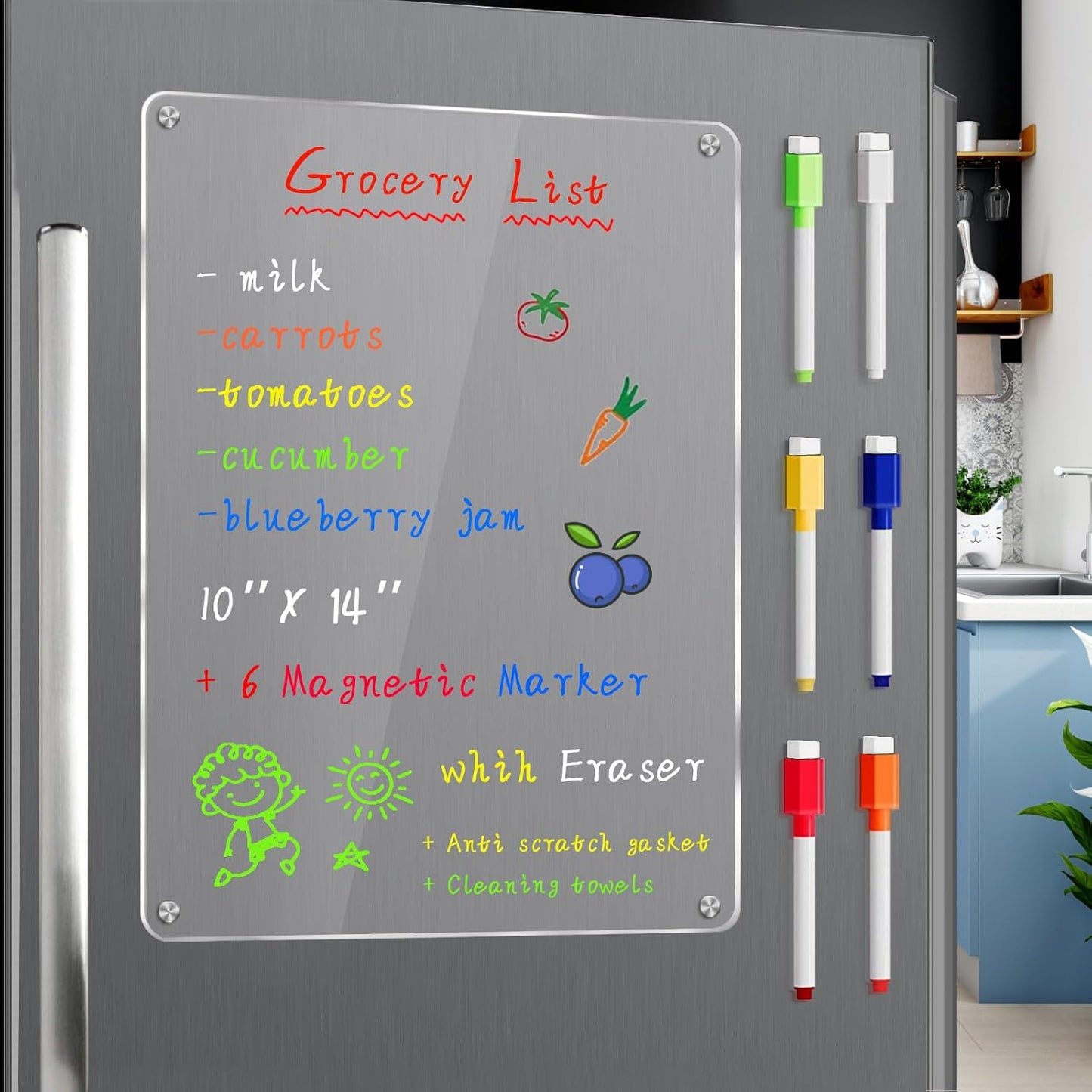 JonXon 8"X12" Acrylic Magnetic Menu Board for Kitchen,Acrylic Weekly Calendar for Fridge,Clear Meal Planner for Refrigerator,Magnet Fridge Menu Planner with 6 Magnetic Erasable Markers