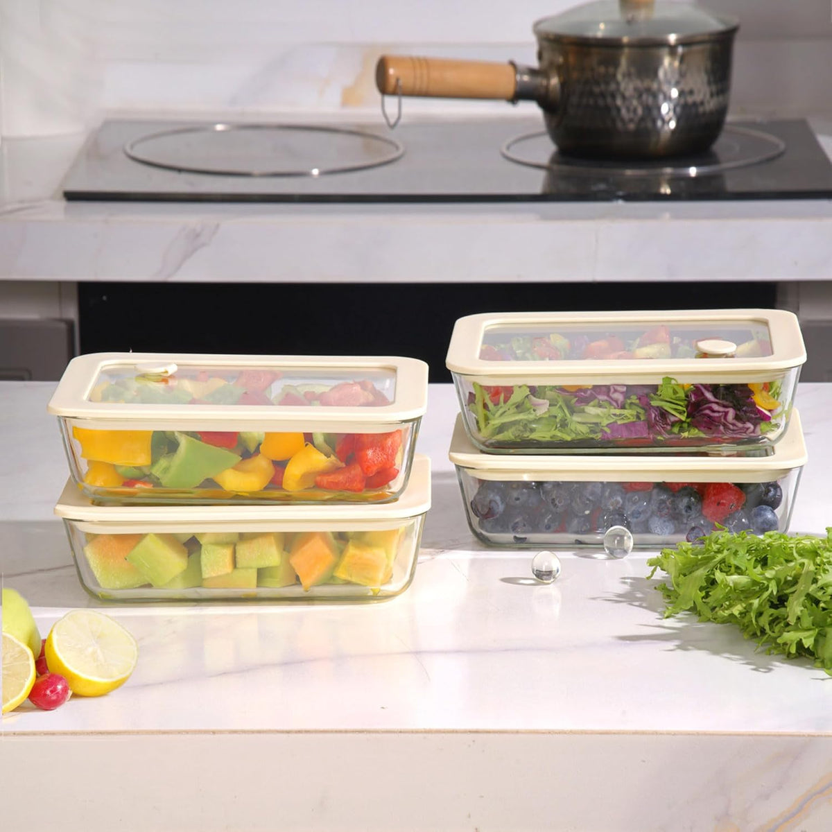 Urban Green Glass Food Container Set with Glass Lid, 3 Pack, Food Storage Containers Set, Airtight, LeakProof, 100% Plastic Free, Meal Prep Containers (White Color)