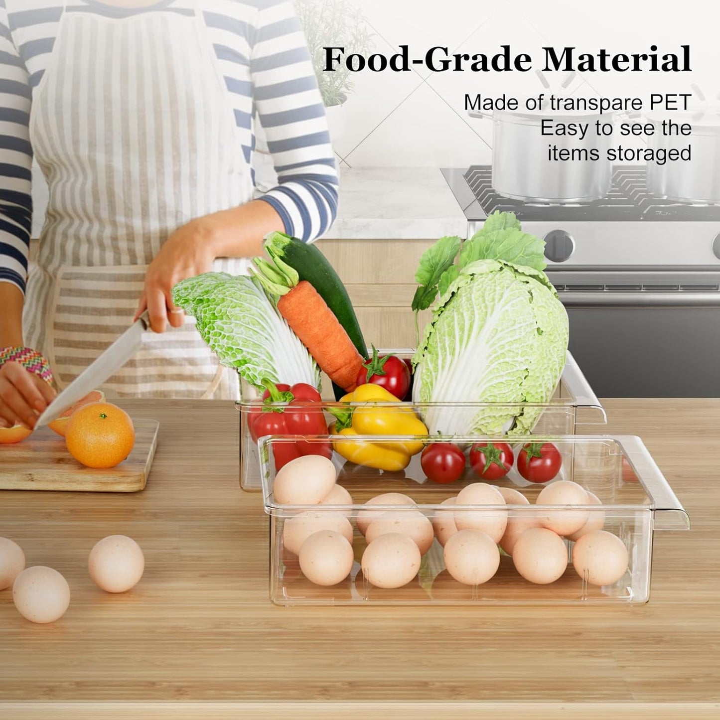 SNSLXH 2 Pack Refrigerator Drawer Organizer, Pull Out Shelf Storage Transparent Organizer for Egg, Fruit, Vegetable, Seafood, Meat, Fit All Fridge Shelves Under 0.6''