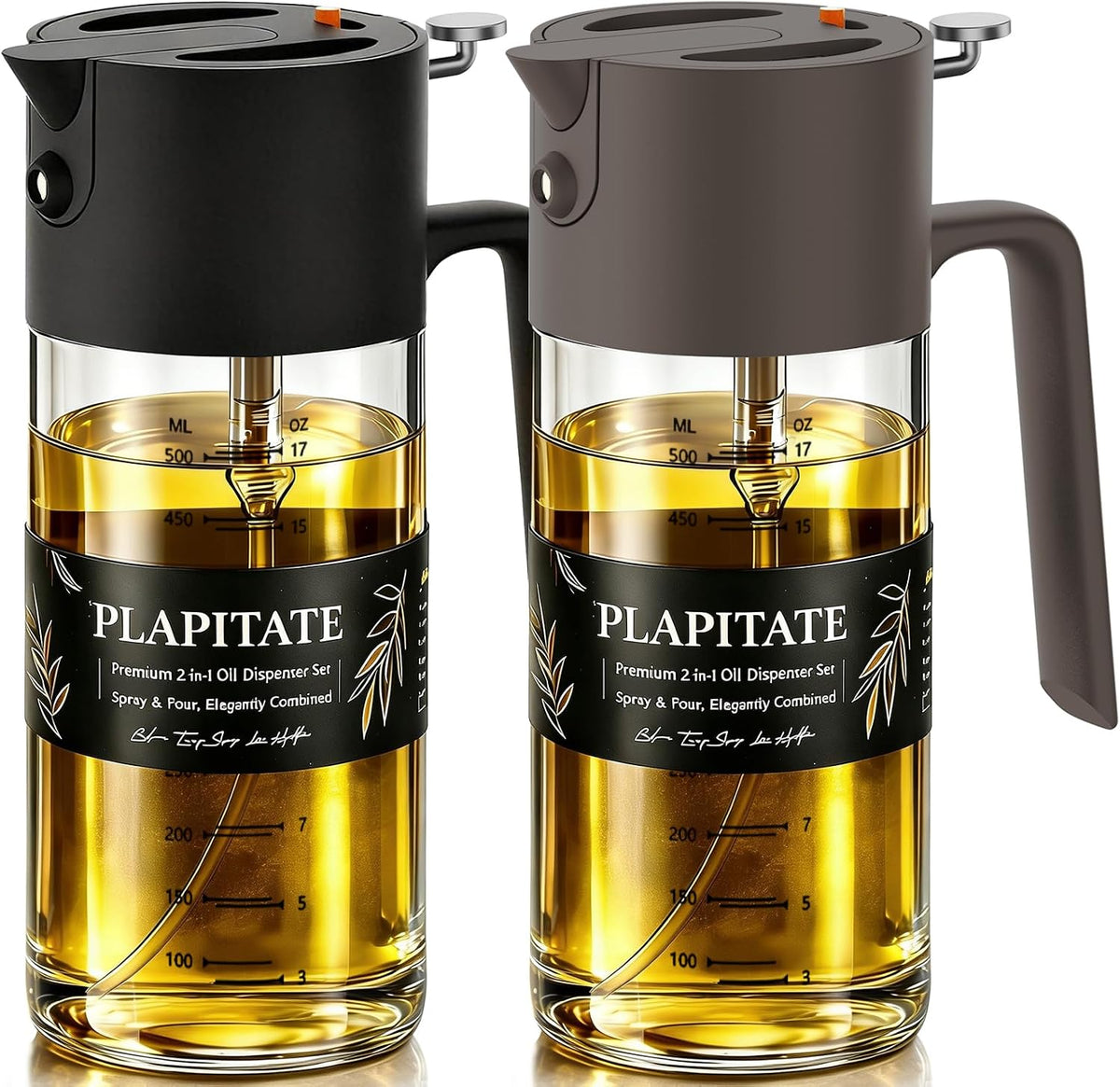 PLAPITATE 17oz/500ml Premium Olive Oil Sprayer for Cooking, 2 in 1 Glass Olive Oil Dispenser Bottle for Kitchen Gadgets, Spray Bottle with Portion Control for Salad, Frying, BBQ (Black)
