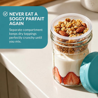 Overnight Oats Containers with Lids, 4 Pack 16 Oz Glass Mason Jars - Leakproof Meal Prep Jars, Separate Compartment, Folding Spoon, Yogurt Parfait Cups, Stackable, BPA Free