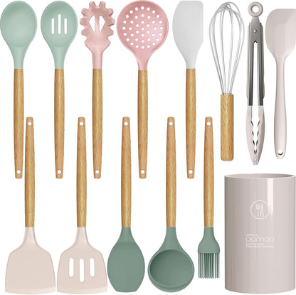 oannao Silicone Cooking Utensils Kitchen Utensil Set - 446°F Heat Resistant Silicone Kitchen Utensils Set, Spatula,Turner Tongs, Spoon, Whisk,Kitchen Gadgets for Nonstick Cookware, BPA Free (Gray)