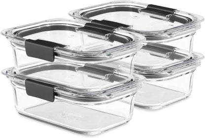 Rubbermaid Brilliance Glass Food Storage set of 4 containers 8 total pieces (4 containers + 4 lids) for Lunch Meal Prep and Leftovers Dishwasher and Oven Safe Clear/Grey