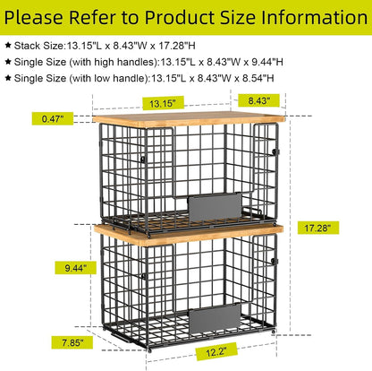 2 Pack Stackable Wire Baskets with Bamboo Top for Pantry Organizers and Storage, XXL Kitchen Organization Counter Basket for Fruit, Vegetable, Produce, Bread, Potato and Onion Storage Bins