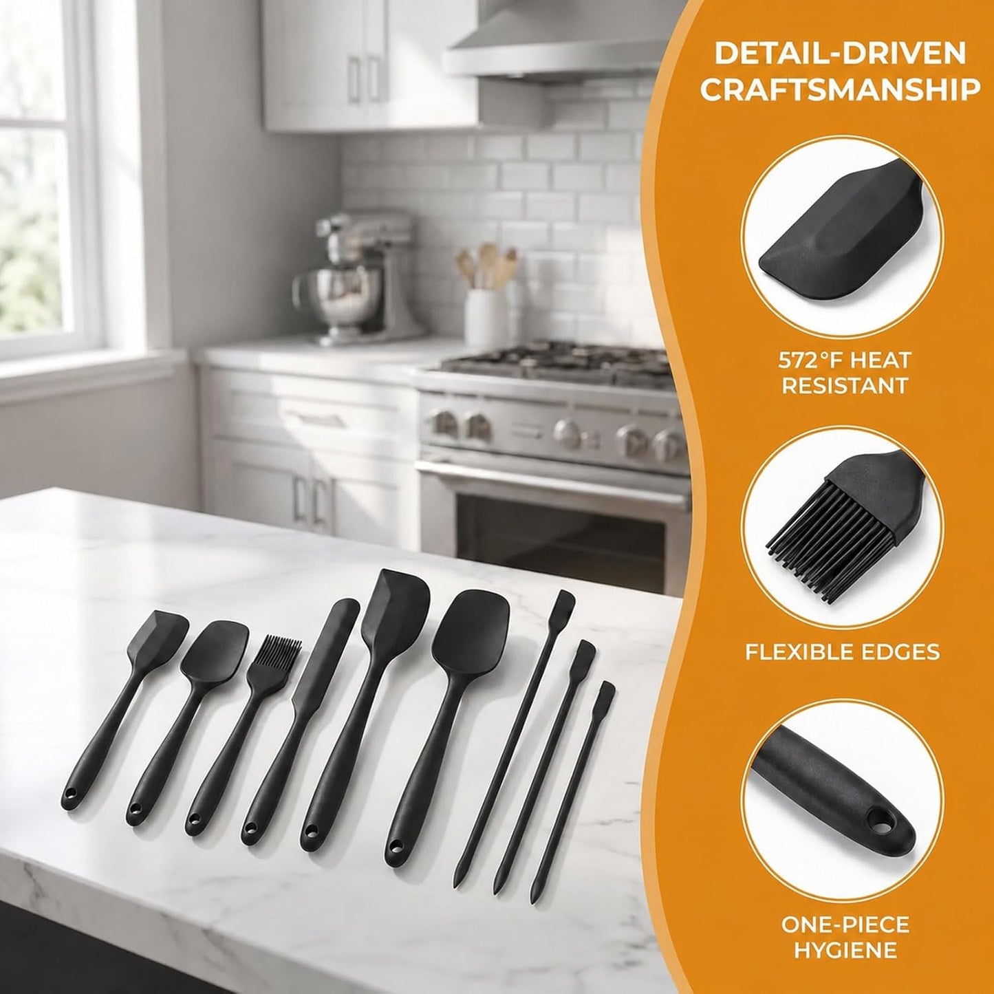 Silicone Spatula Set 9Pcs, Heat Resistant 572°F, Durable One-Piece Design, BPA-Free for Baking, Cooking, and Mixing Non Stick Dishwasher Safe, Black