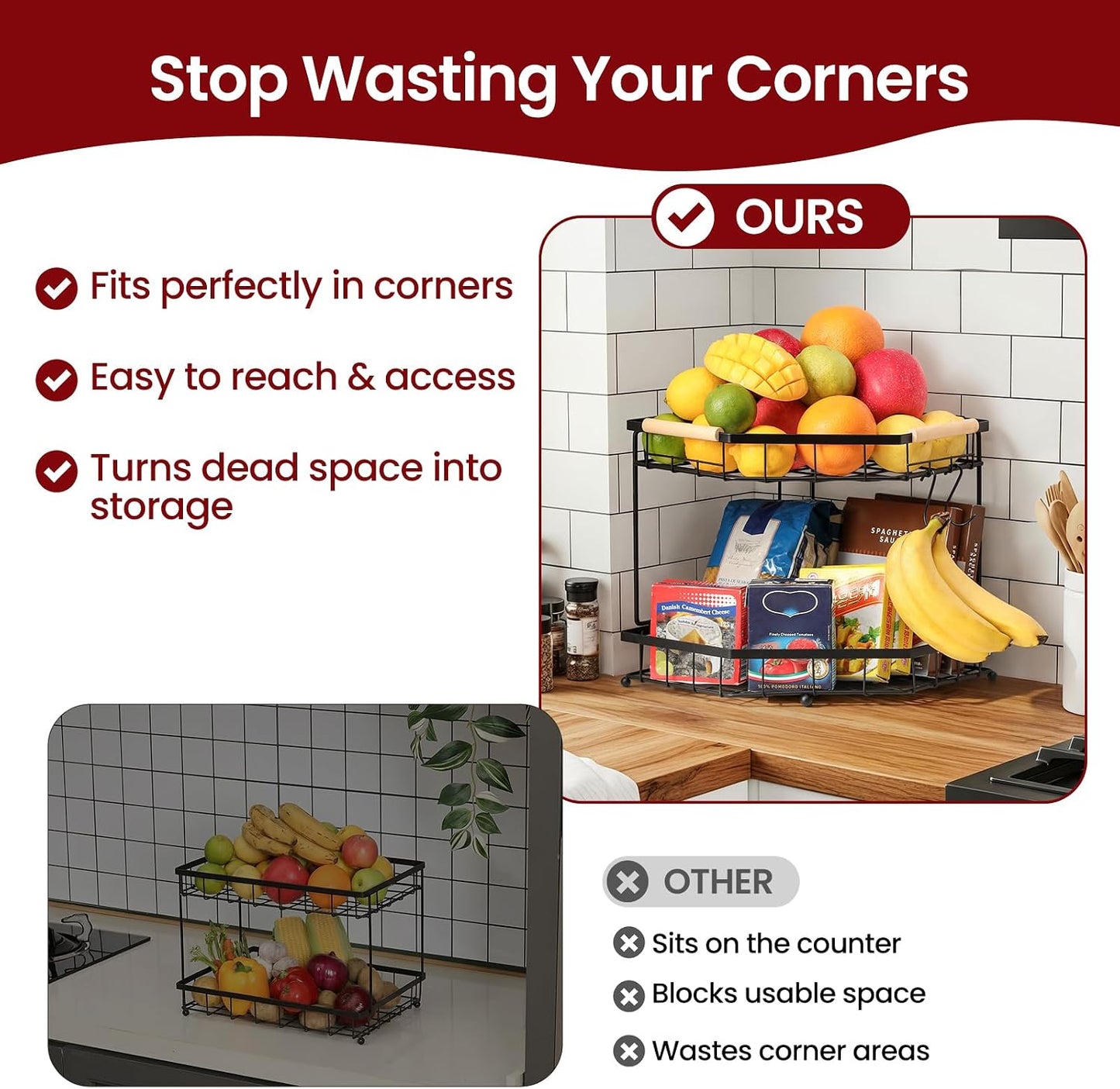 2 Tier Corner Fruit Basket for Kitchen Counter with Banana Hangers, Detachable Fruit Bowl with Wooden Handle, Metal Corner Rack for Fruit and Vegetable Storage, Kitchen Countertop Organizer