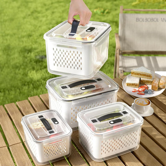 3Pack Fridge Food Storage Container Set with Lids with Strainer,Plastic Fresh Produce Saver Vegetable Fruit Meat Storage Organization, BPA-Free Plastic Produce Keepers(3.15L+1.7L+0.8L)