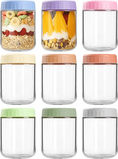 Overnight Oats Containers with Lids, 10oz Wide Mouth Mason Jars with Lids, 9 Pack Glass Jars with Airtight lid for Chia Pudding Yogurt Salad, Meal Prer Oatmeal Jars, Pink