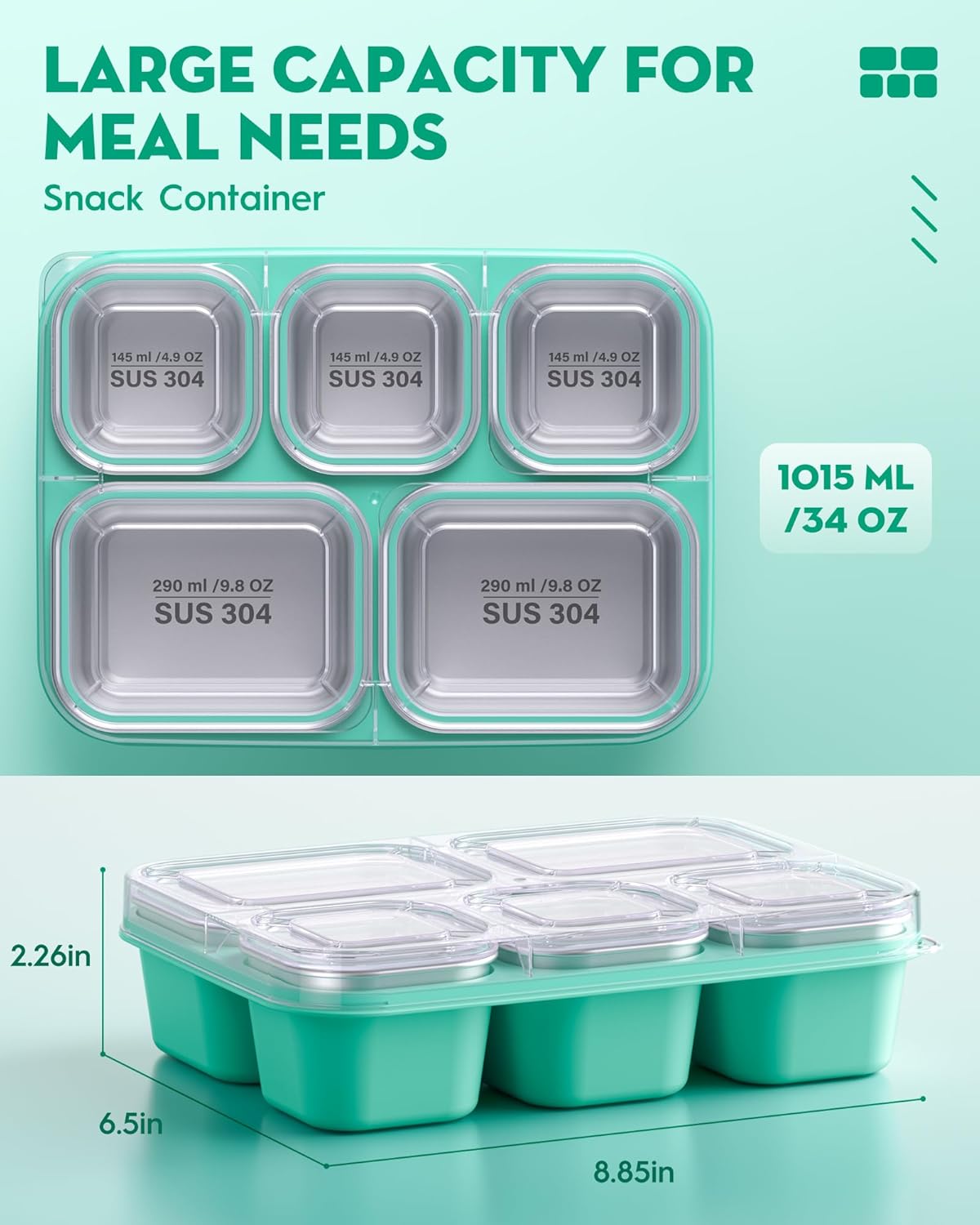 BiuLeon Snackle Box Containers, Stainless Steel 5 Compartments Divided Serving Tray with Lid, Removable LeakProof Portable Bento Box for Fruit Candy Nuts Food - School, Picnic and Travel（Blue）