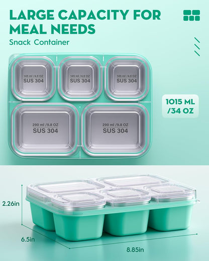 BiuLeon Snackle Box Containers, Stainless Steel 5 Compartments Divided Serving Tray with Lid, Removable LeakProof Portable Bento Box for Fruit Candy Nuts Food - School, Picnic and Travel（Blue）