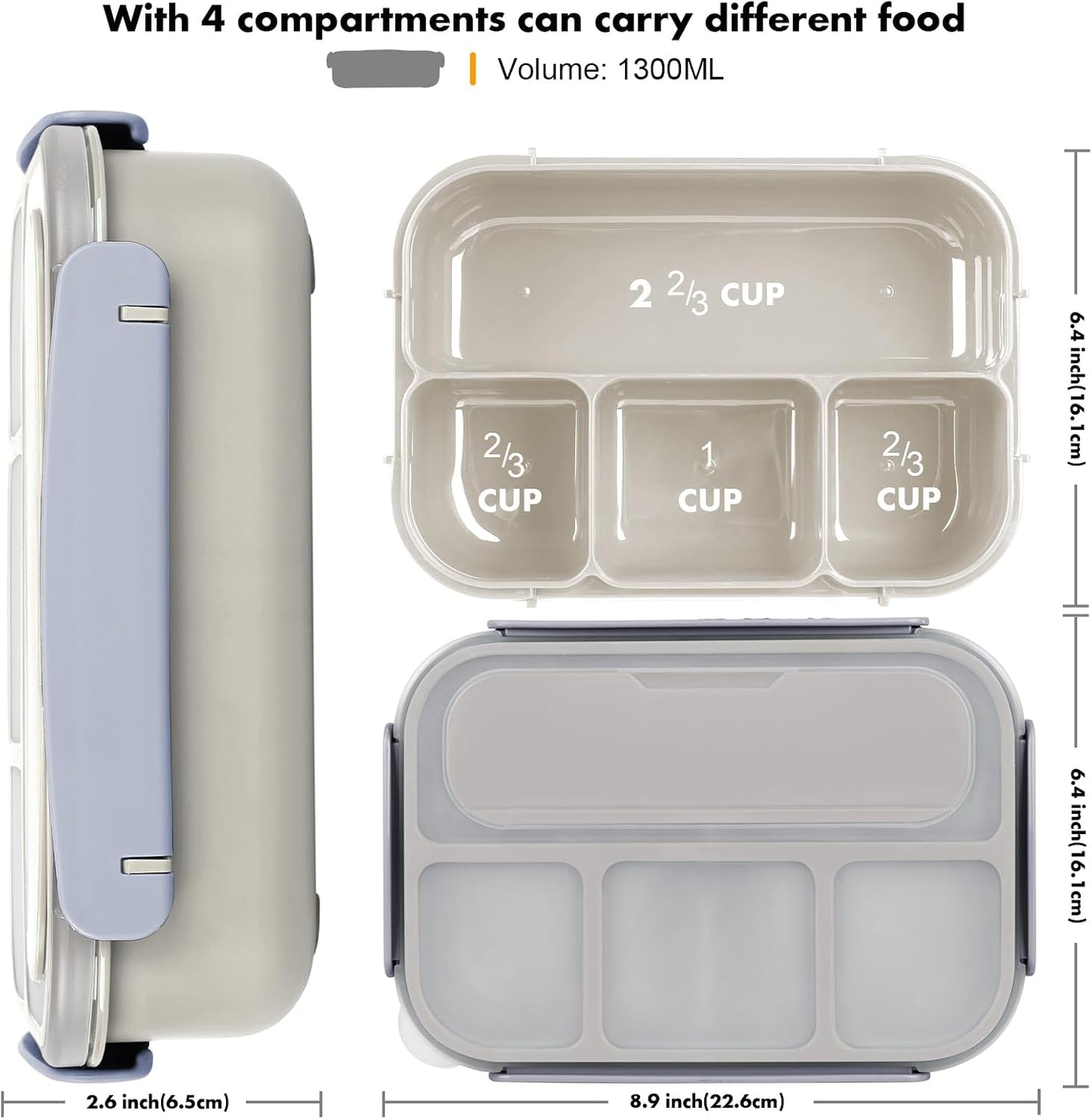 Yumuk Bento Box Adult, Lunch Box Containers for Adults Men Women, 5 Cup Bento with 4 Compartments &Spork &Sauce Box, Leak-Proof, Microwave/Dishwasher Safe(Beige)