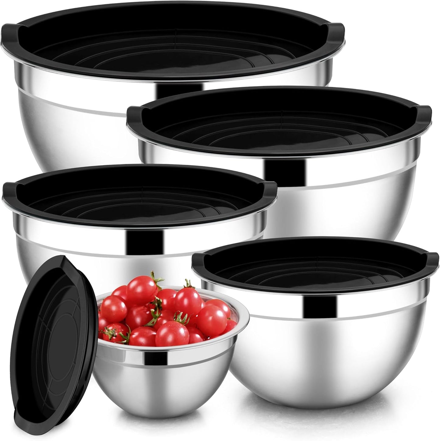 E-far Mixing Bowls with Lids Set of 5, Stainless Steel Mixing Bowls Metal Nesting Bowls with Airtight Lids, Non-toxic & Dishwasher Safe, Great for Cooking, Baking, Serving - Size 0.7/1/1.5/3/4.6QT
