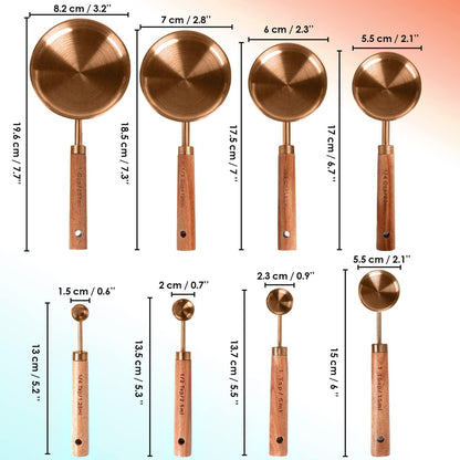 Collection 8 Piece Gold Measuring Cups Set and Measuring Spoons, Golden With fragrant wood Handles-Complete Set of Measure Cups and Spoons For Cooking and Baking.…