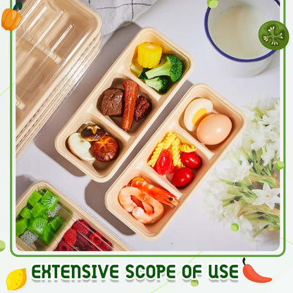 Hushee 50 Pack 17 oz 3 Compartment Snack Container Paper Small Meal Prep Containers with Lid, Disposable Bento Box Travel Lunch Food Boxes Stackable for Office Picnic