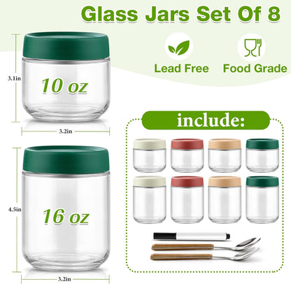 8 Pack Overnight Oats Containers with Lids, Large & Small Glass Mason Jars 16oz & 10 oz, Breakfast Oatmeal Container to Go, Salad Meal Prep Jars for Food Storage, Mush Chia Seed Pudding Jars