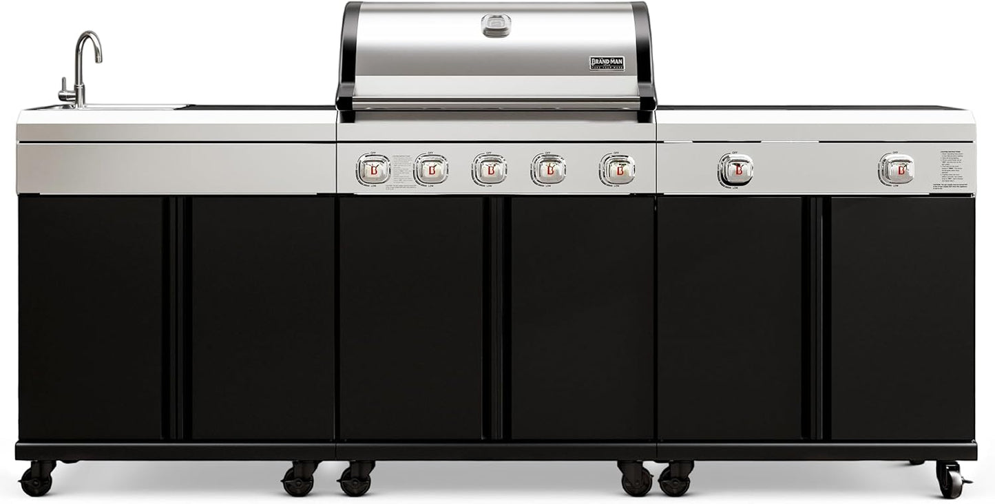 Brand-Man Outdoor Kitchen Island – 5-Burner Gas Grill & Griddle Combo with 800°C Infrared Sear Zone, Dual-Zone Cooktop, Sink & Storage, 995 sq.in Cooking Area, 67,000 BTU Stainless Steel BBQ Station