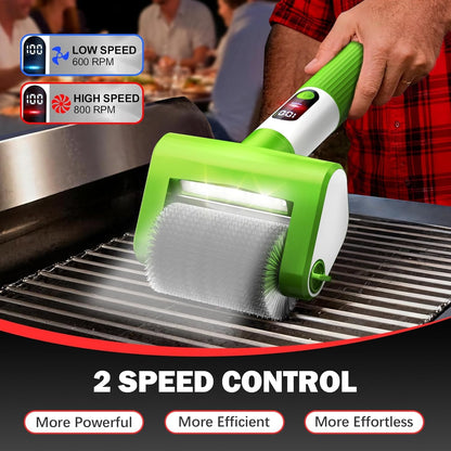 Electric Grill Brush, 2-Speed BBQ Grill Brush with LED Light/Screen Powerful Cleaning 800RPM/4000mAh/2 Brush Heads No Bristle Shedding Rechargeable Lightweight Grill Cleaner for Outdoor/Camping