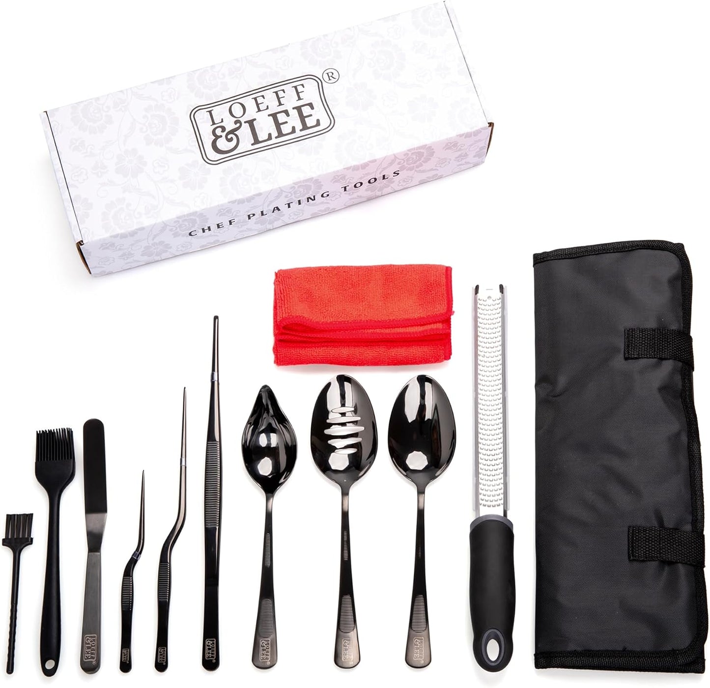 7 Pc Black Plating Tools Culinary Set (Professional Chef Utensils)| Chef Kit with 3 Plating Spoons, 3 Chef Plating Tweezers, Offset Spatula. Bundled with Zester Tool Set and Silicon Basting Brush