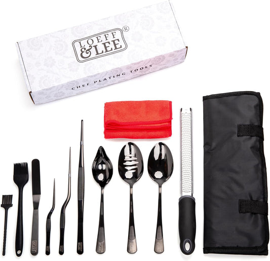 7 Pc Black Plating Tools Culinary Set (Professional Chef Utensils)| Chef Kit with 3 Plating Spoons, 3 Chef Plating Tweezers, Offset Spatula. Bundled with Zester Tool Set and Silicon Basting Brush