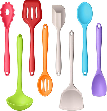 LIANYU Non-Toxic Silicone Kitchen Utensils Set, 8 Piece Non-Scratch Cooking Spoons & Spatulas, Stainless Steel Core, Heat Resistant & Dishwasher Safe, Khaki