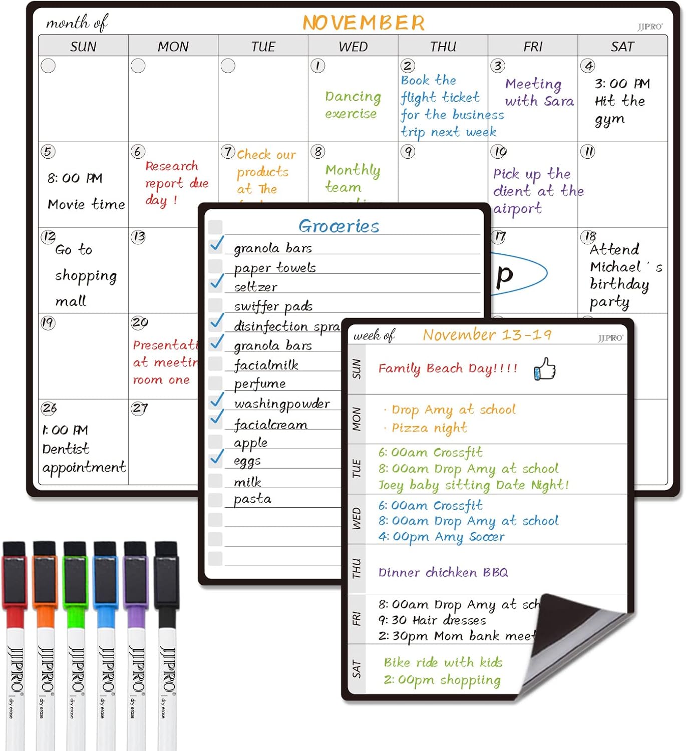 JJPRO Magnetic Monthly Calendar Whiteboard Set for Refrigerator-Monthly Planning Board, Weekly Menu Planner and to Do List for Fridge with 6 Markers-14.5" x11