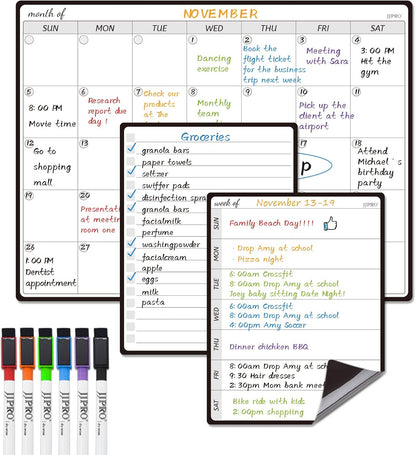 JJPRO Magnetic Monthly Calendar Whiteboard Set for Refrigerator-Monthly Planning Board, Weekly Menu Planner and to Do List for Fridge with 6 Markers-14.5" x11